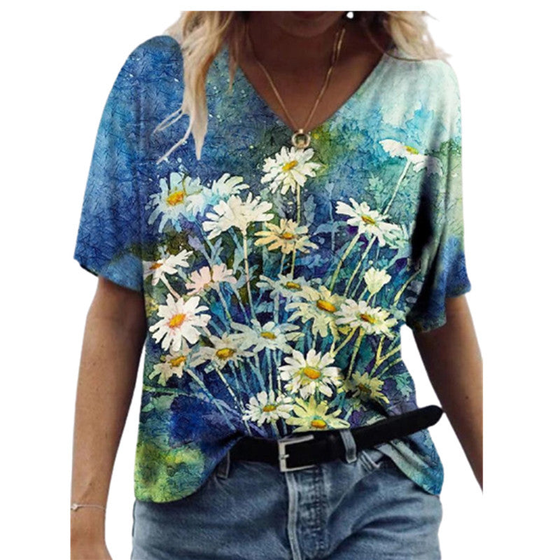 Summer Floral Print Short Sleeve V Neck Women's Loose T-Shirt