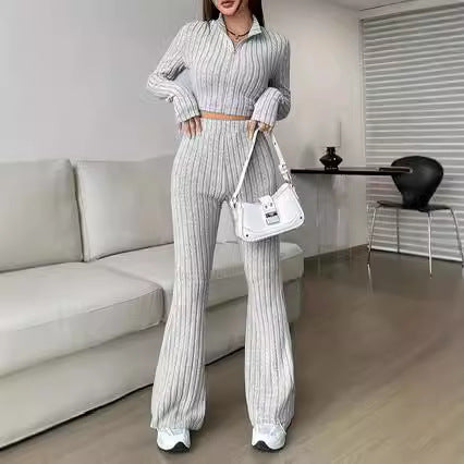 Fashion Solid Ribbed Two-Piece Set, Zip-Up Long Sleeve Cropped Top and High-Waisted Flared Pants Set, Women's Casual