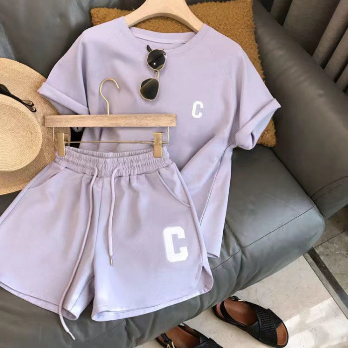 Casual Sports Set Women's Summer Thin Running Fashion Short Sleeve Shorts Two-Piece Milk Silk
