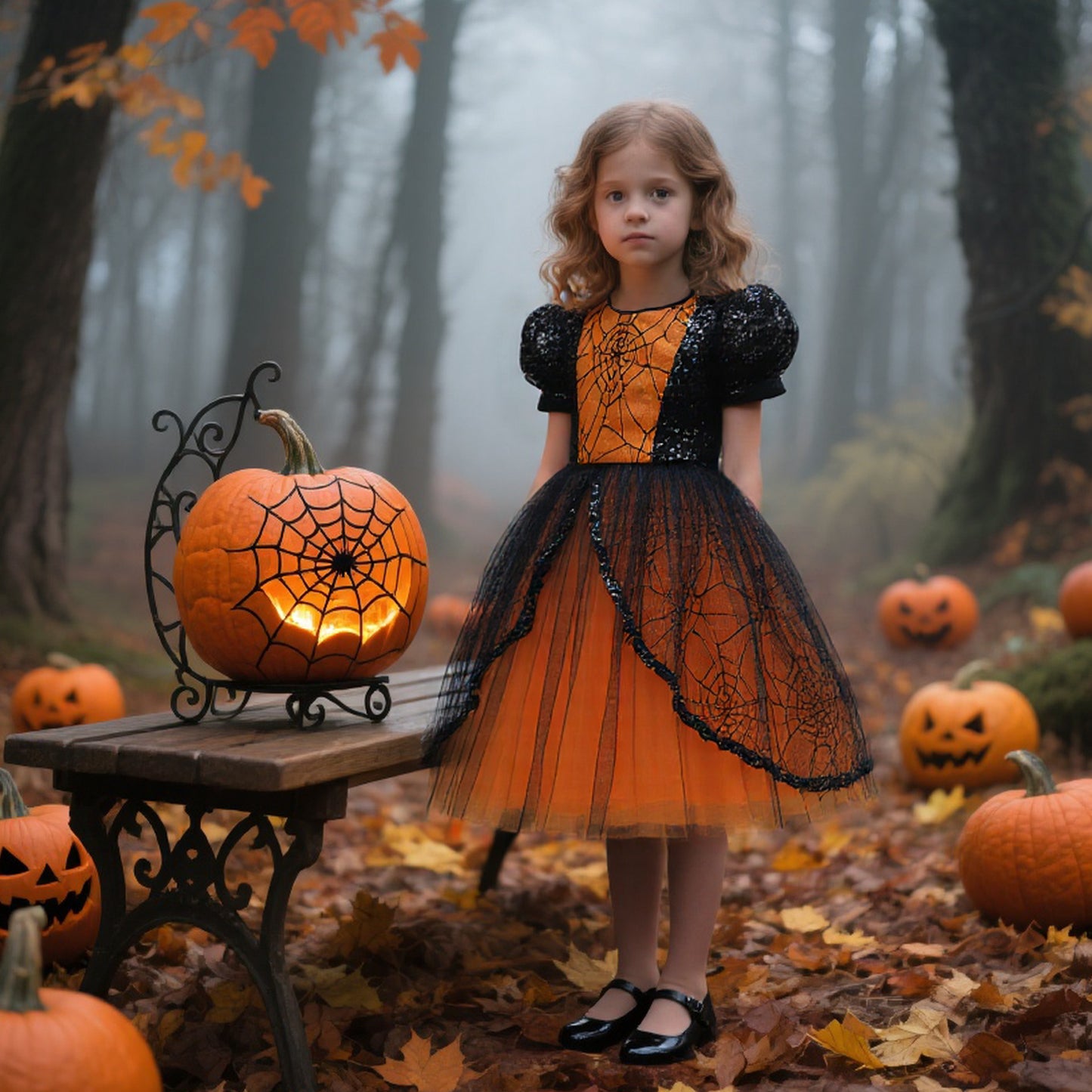 Halloween Girls' Dress with Sequin Spiderweb Tulle Princess Style Cotton Lining Formal Dress
