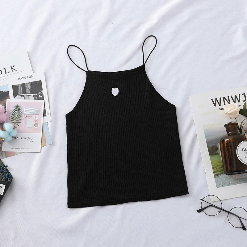 Women  Tops Sleeveless Vest Causal Solid Female Sexy Embroidery Heart  Bottom  Tops Summer