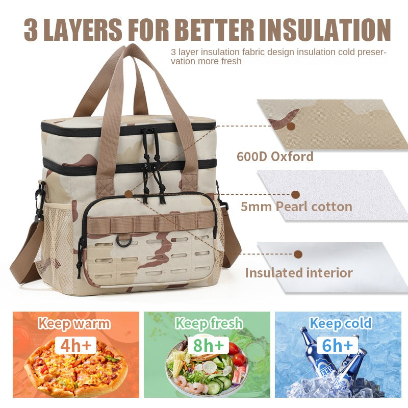 Outdoor Double-Layer Cooler Bag with Camouflage Design, Large Capacity Shoulder Tote for Picnics and Food Delivery