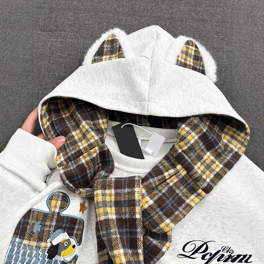 Retro Plaid Shawl Tie Hooded Sweatshirt Women  Loose Lazy Style Fleece Lined Thickened Jacket