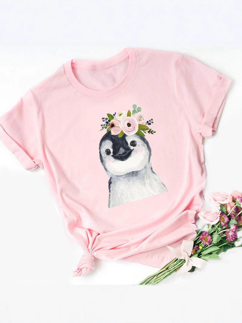 T-Shirt Round Neck Print Unisex Penguin Print Top