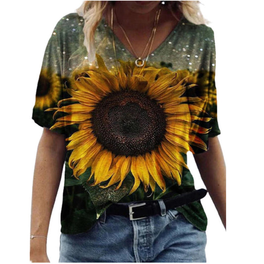 Summer Floral Print Short Sleeve V Neck Women's Loose T-Shirt
