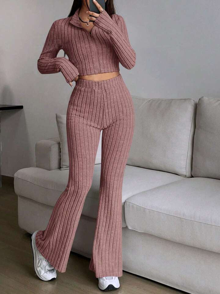 Fashion Solid Ribbed Two-Piece Set, Zip-Up Long Sleeve Cropped Top and High-Waisted Flared Pants Set, Women's Casual