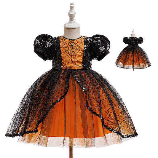 Halloween Girls' Dress with Sequin Spiderweb Tulle Princess Style Cotton Lining Formal Dress