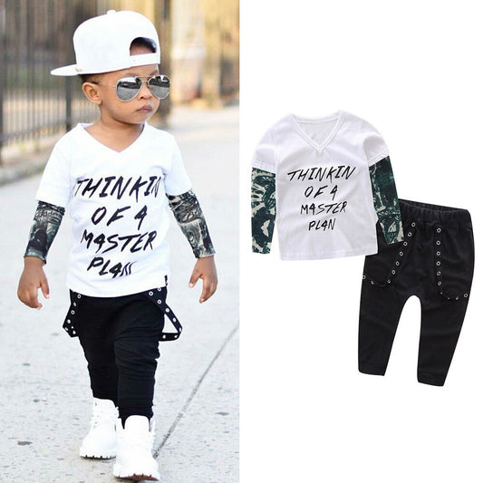Newborn Infant Baby Boy Letter Tattoo T shirt Pants Outfits Clothes Set