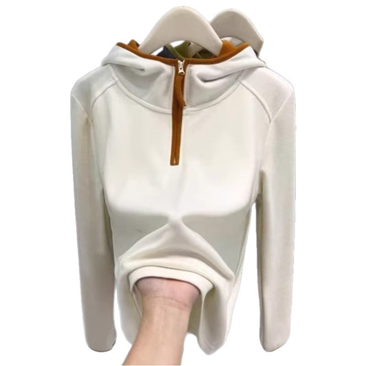 Casual Color-blocked Half-zip Thicken Long Sleeve Hoodie with Fleece Lining for Women
