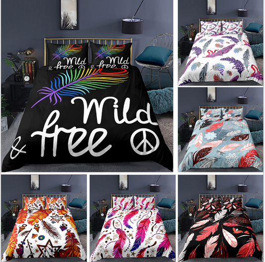 3D digital printing bedding quilt cover pillow case three piece feather series