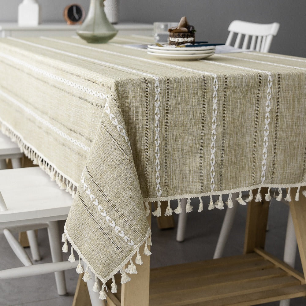 Nordic Christmas Table Cloth Hollow Tassel Table Cloth Solid Color Long Stripe Jacquard Table Cloth Tea Table Mat Cotton Linen