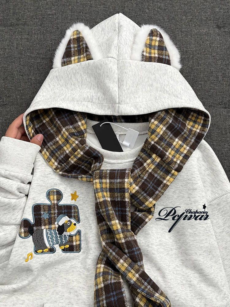 Retro Plaid Shawl Tie Hooded Sweatshirt Women  Loose Lazy Style Fleece Lined Thickened Jacket