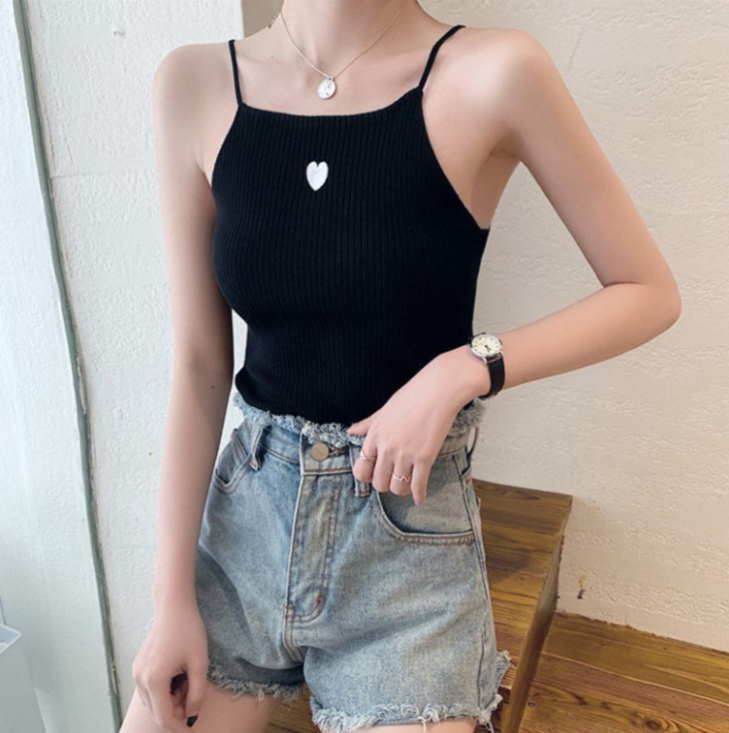 Women  Tops Sleeveless Vest Causal Solid Female Sexy Embroidery Heart  Bottom  Tops Summer
