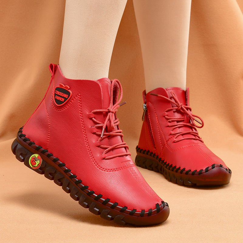 Hand-sewn Women's High-top Cotton Shoes Casual Winter Plush Warm Soft Sole Anti-slip Mother Shoes