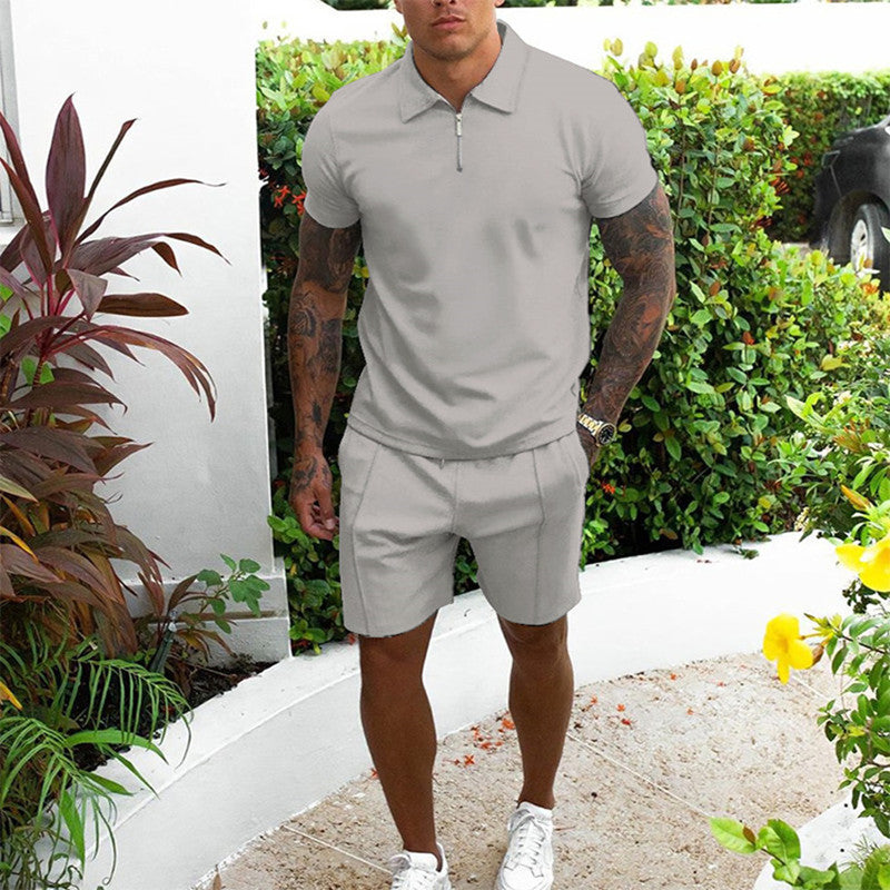 Short sleeved shorts casual suit slim fit men's two-piece set solid color