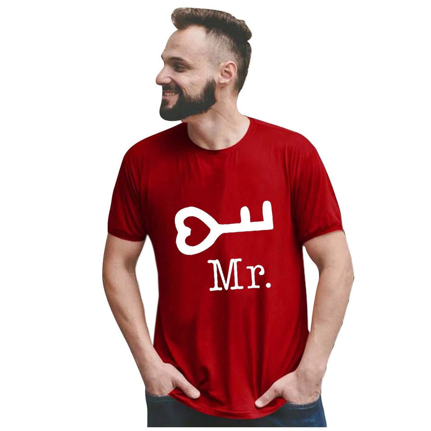 Casual Loose Fit Couple's T-Shirt with Mr Mrs Letter Lock Key Print Short Sleeve