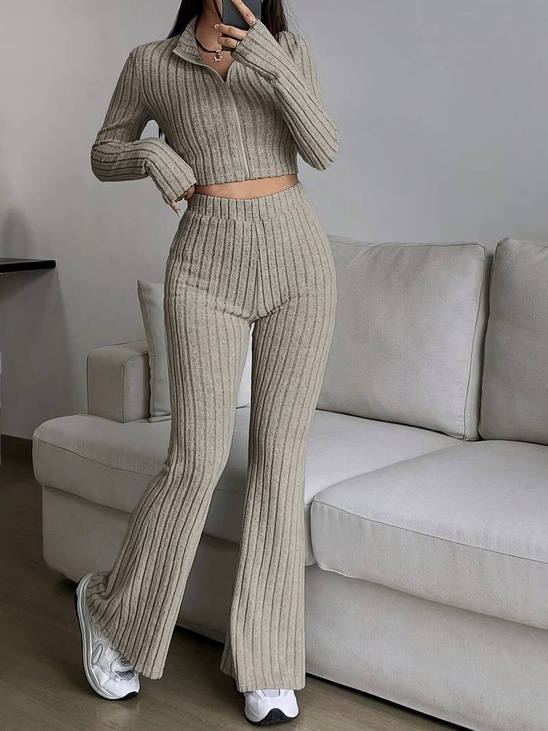 Fashion Solid Ribbed Two-Piece Set, Zip-Up Long Sleeve Cropped Top and High-Waisted Flared Pants Set, Women's Casual