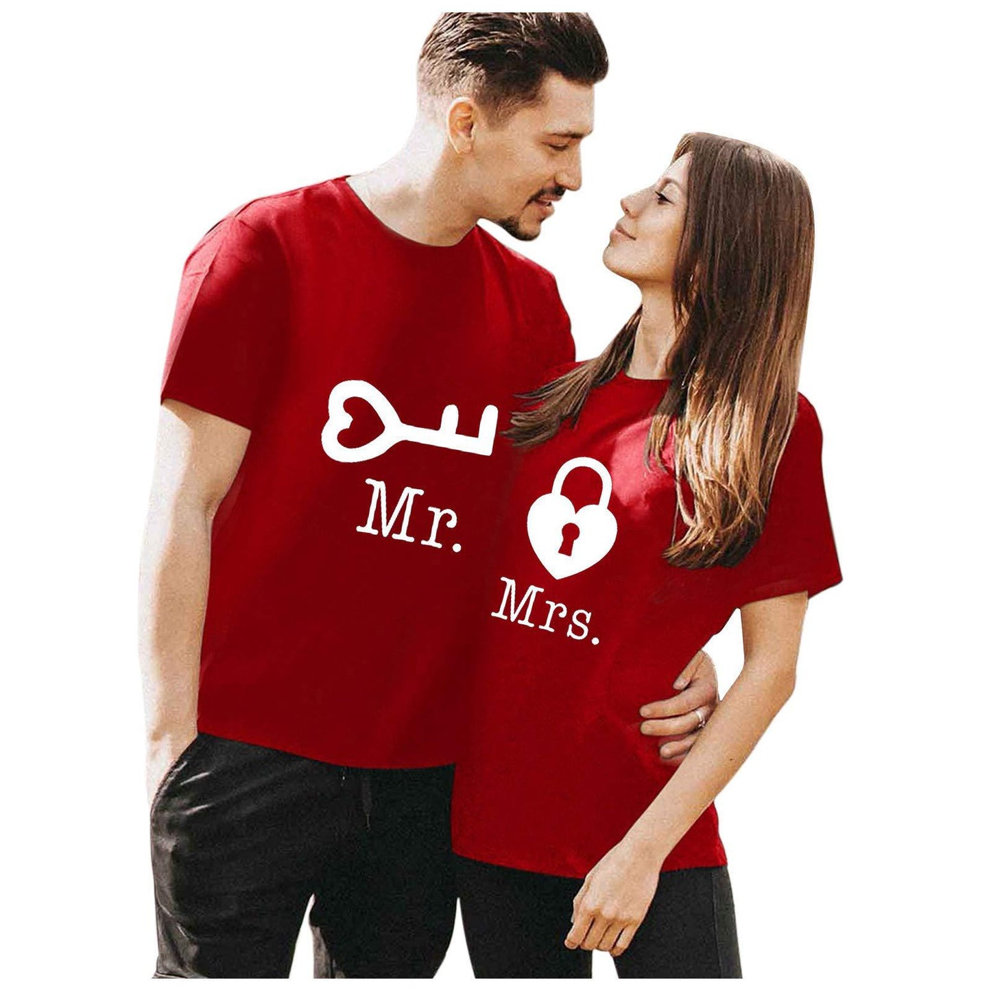 Casual Loose Fit Couple's T-Shirt with Mr Mrs Letter Lock Key Print Short Sleeve