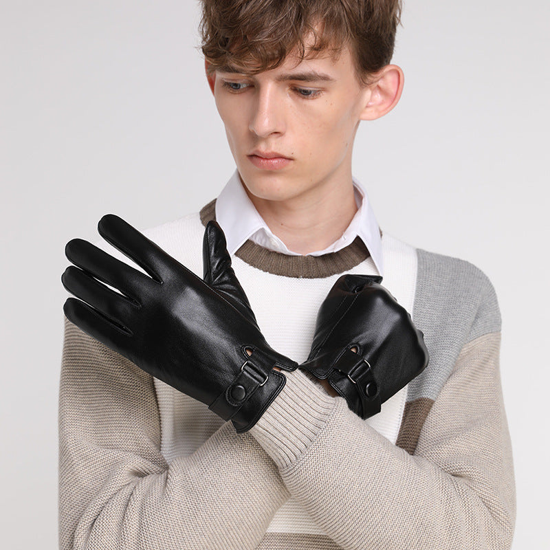 Sheepskin Leather Gloves Men Winter Lined Thickened Warm Riding Motorcycle Driving Touch Screen Mitten Gloves