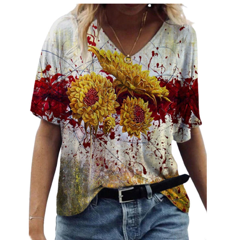 Summer Floral Print Short Sleeve V Neck Women's Loose T-Shirt