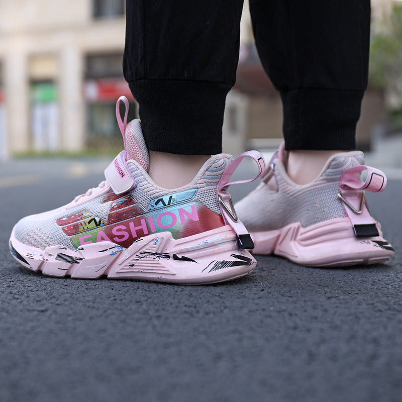 Spring And Summer New Flying Woven Upper Children's Casual Shoes Thick Sole Sneakers Girls Trendy Shoes Mesh Shoes