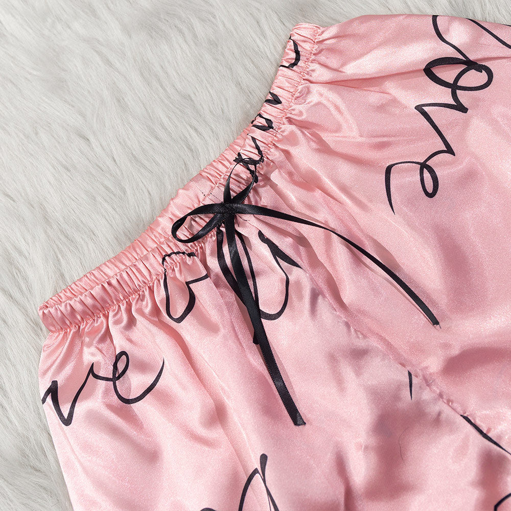 European and American Style Love Heart Print Pajamas for Women Summer Lace Splicing Set