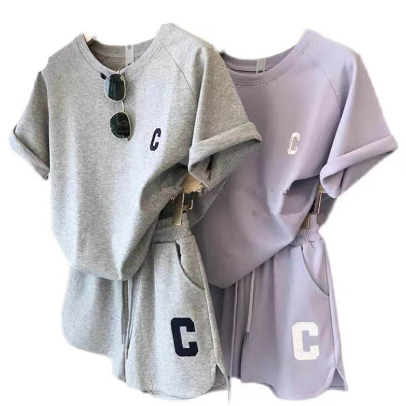Casual Sports Set Women's Summer Thin Running Fashion Short Sleeve Shorts Two-Piece Milk Silk