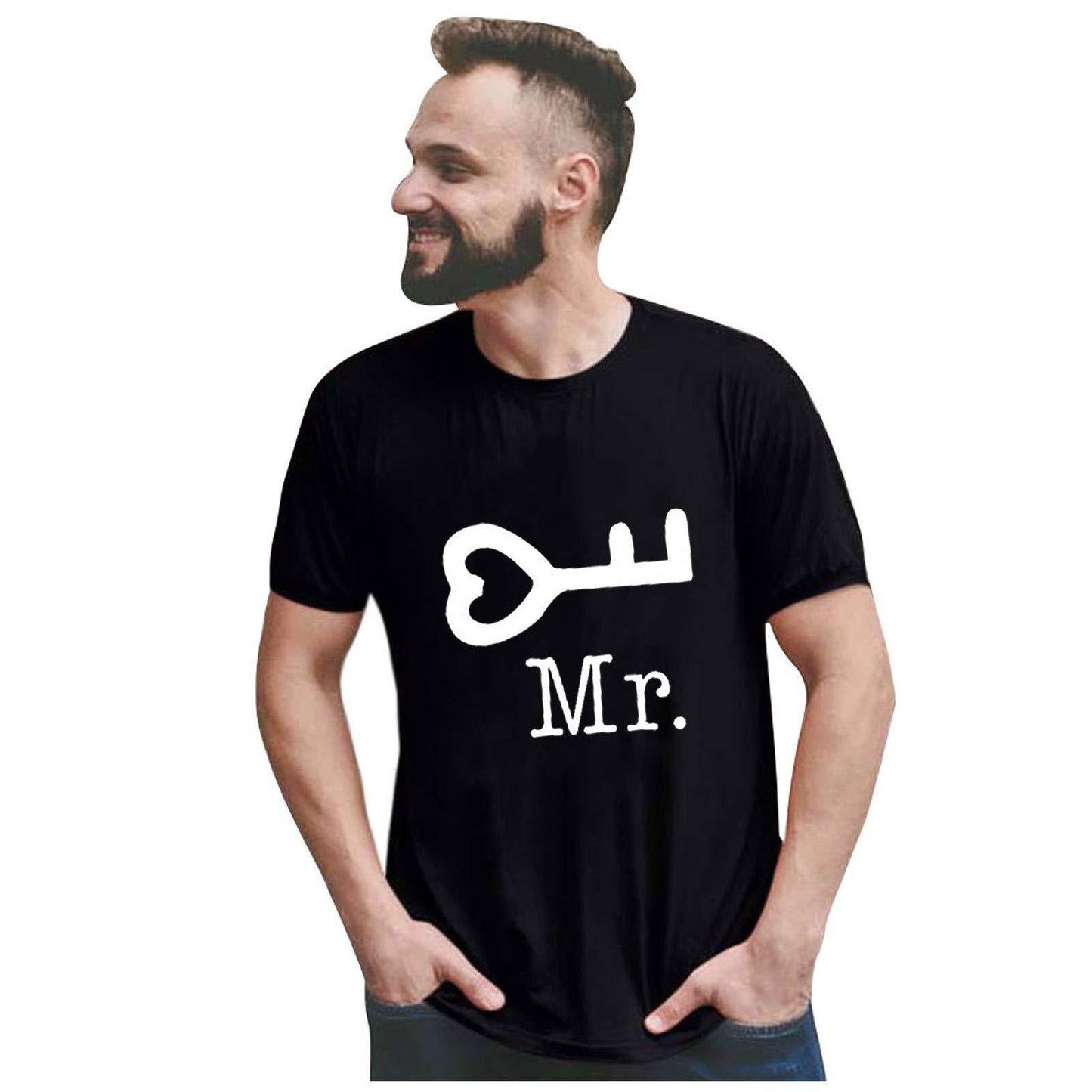Casual Loose Fit Couple's T-Shirt with Mr Mrs Letter Lock Key Print Short Sleeve