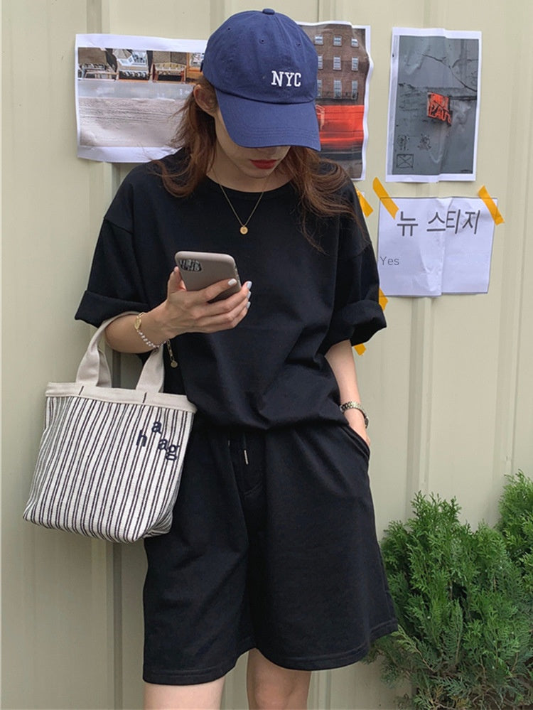 Solid Color Cotton Suit for Women Summer Casual Fashion Two-Piece Set Loose Short Pants Suit