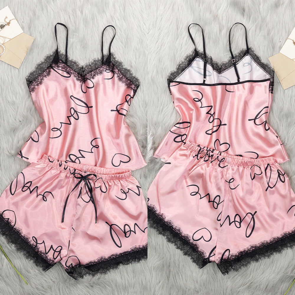 European and American Style Love Heart Print Pajamas for Women Summer Lace Splicing Set