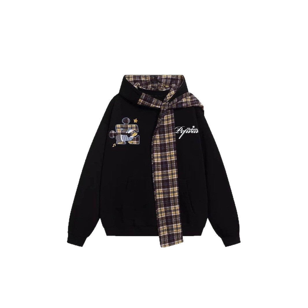 Retro Plaid Shawl Tie Hooded Sweatshirt Women  Loose Lazy Style Fleece Lined Thickened Jacket