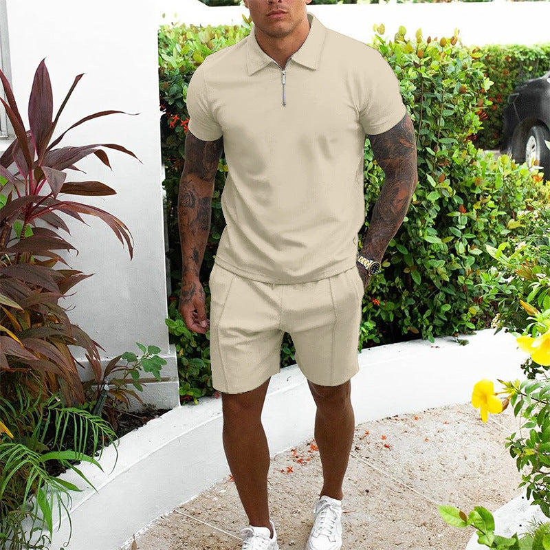 Short sleeved shorts casual suit slim fit men's two-piece set solid color