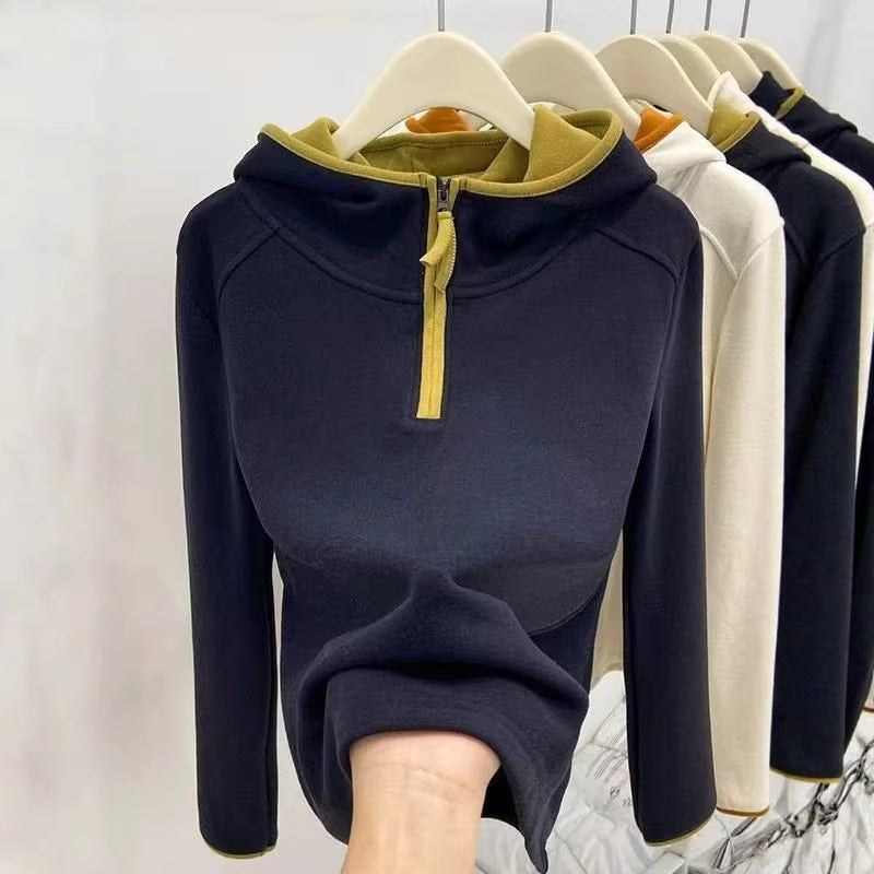 Casual Color-blocked Half-zip Thicken Long Sleeve Hoodie with Fleece Lining for Women