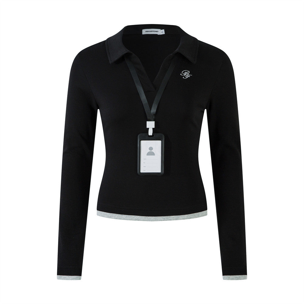 Color-block design long sleeve polo shirt