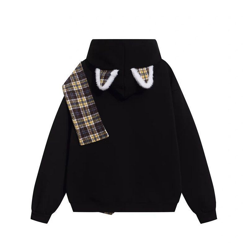 Retro Plaid Shawl Tie Hooded Sweatshirt Women  Loose Lazy Style Fleece Lined Thickened Jacket