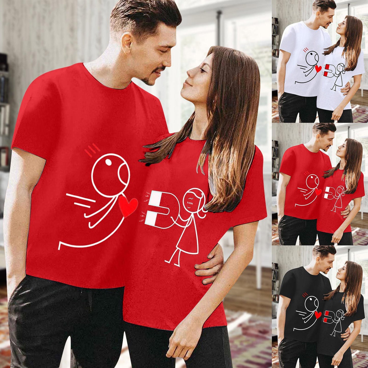 Casual Cartoon Print Couple T-Shirts for Women, European and American Style, Simple Design, Unisex Fashion Top