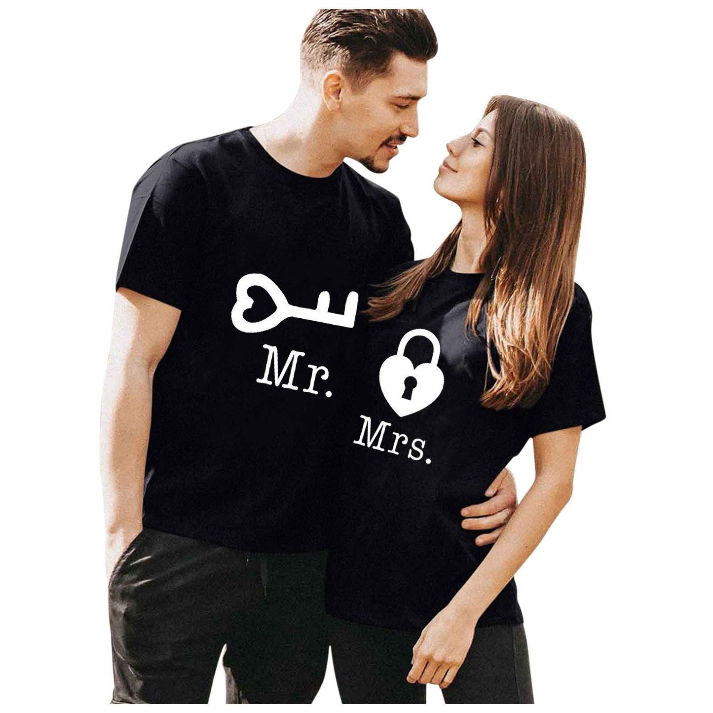 Casual Loose Fit Couple's T-Shirt with Mr Mrs Letter Lock Key Print Short Sleeve