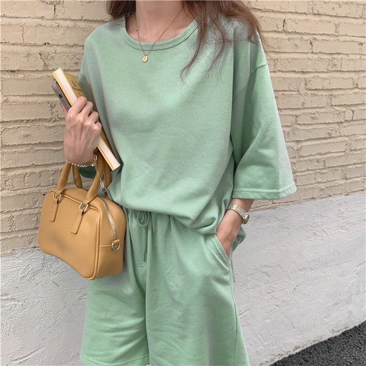 Solid Color Cotton Suit for Women Summer Casual Fashion Two-Piece Set Loose Short Pants Suit