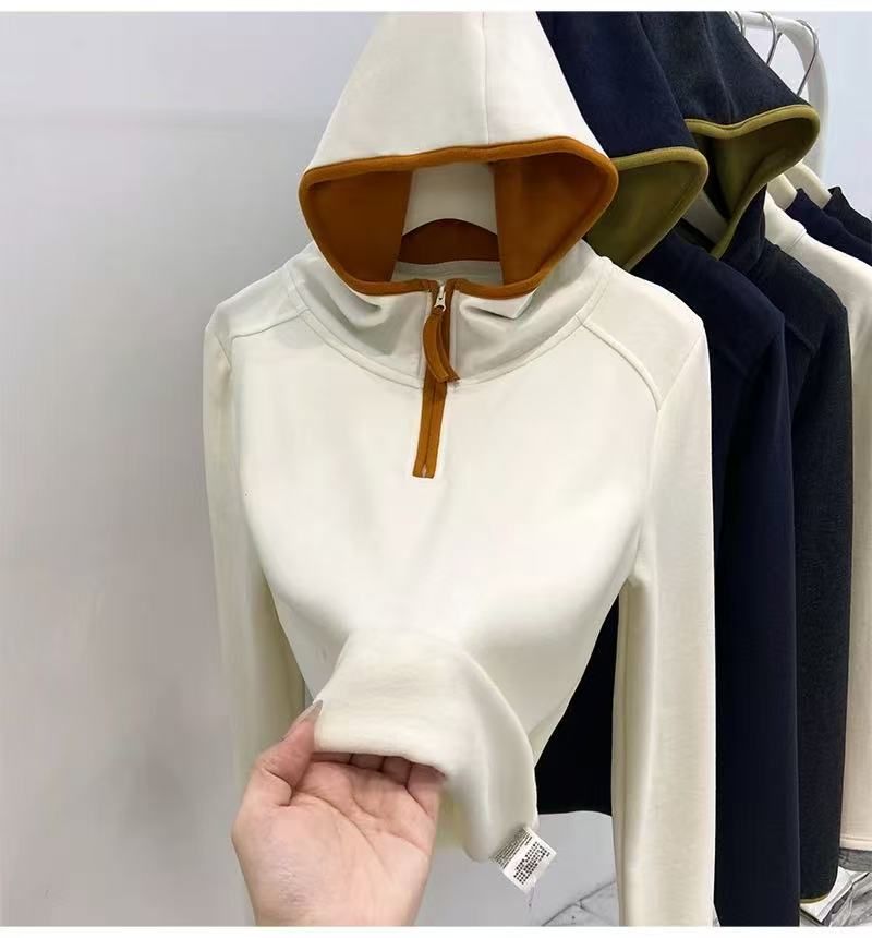 Casual Color-blocked Half-zip Thicken Long Sleeve Hoodie with Fleece Lining for Women