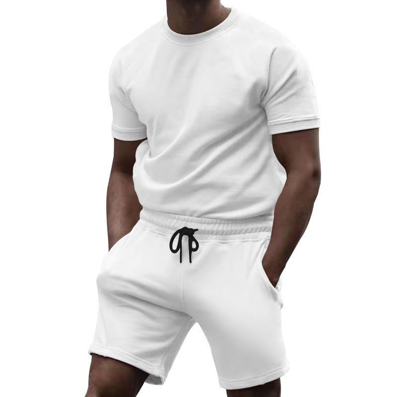 Summer men's short sleeved sports and leisure patchwork round neck fitness suit