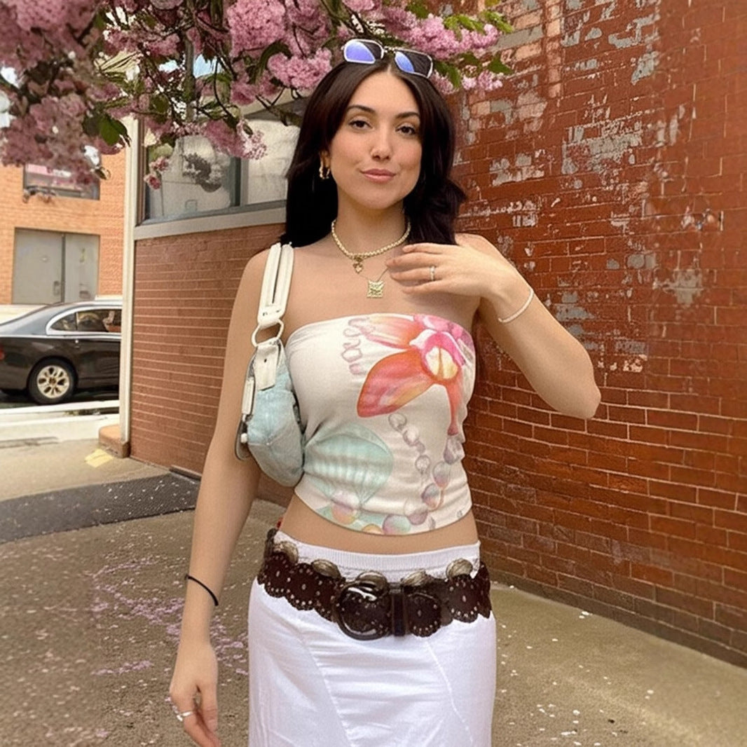 Street Style Vacation Island Shell Print Off-Shoulder Fitted Wrap Crop Top Women's Sexy Tight Versatile Top