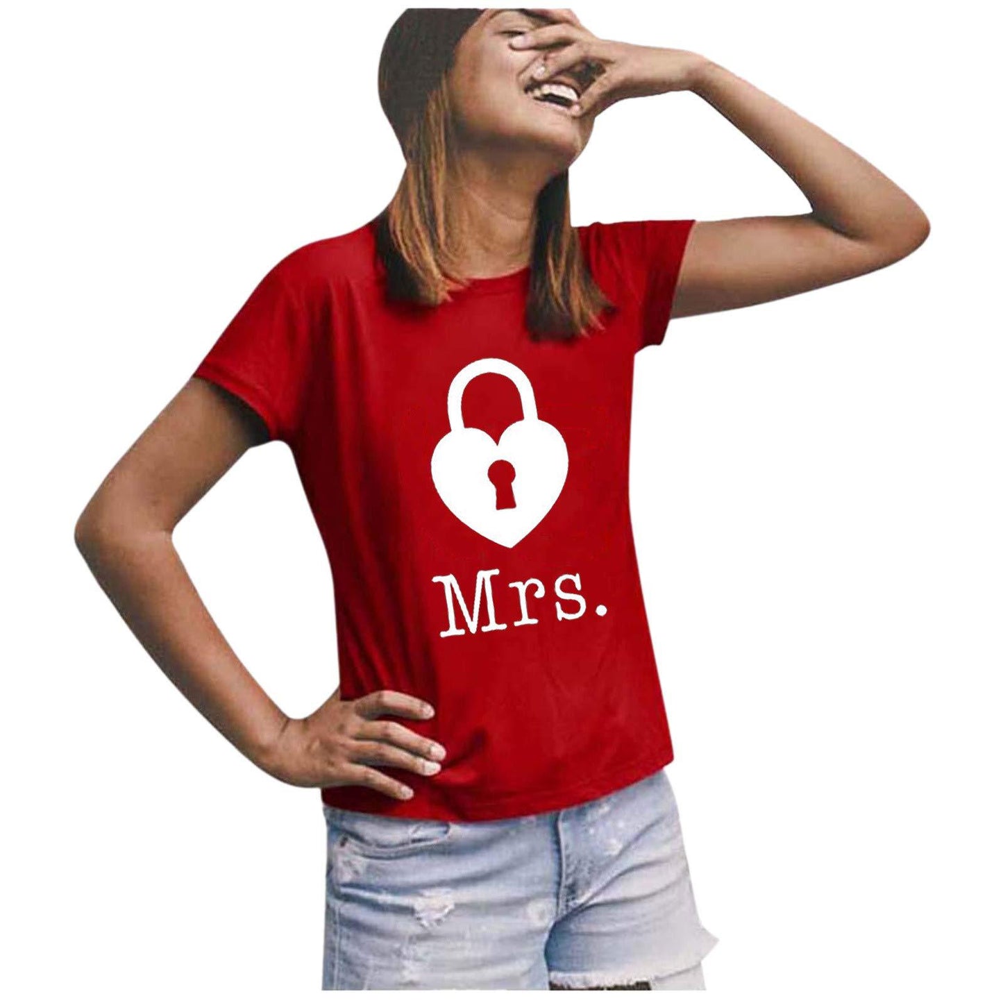 Casual Loose Fit Couple's T-Shirt with Mr Mrs Letter Lock Key Print Short Sleeve
