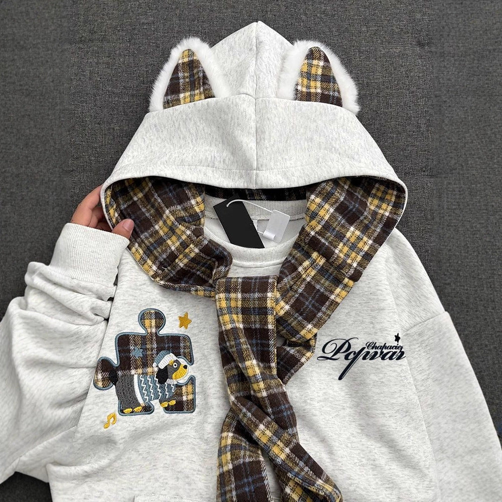 Retro Plaid Shawl Tie Hooded Sweatshirt Women  Loose Lazy Style Fleece Lined Thickened Jacket