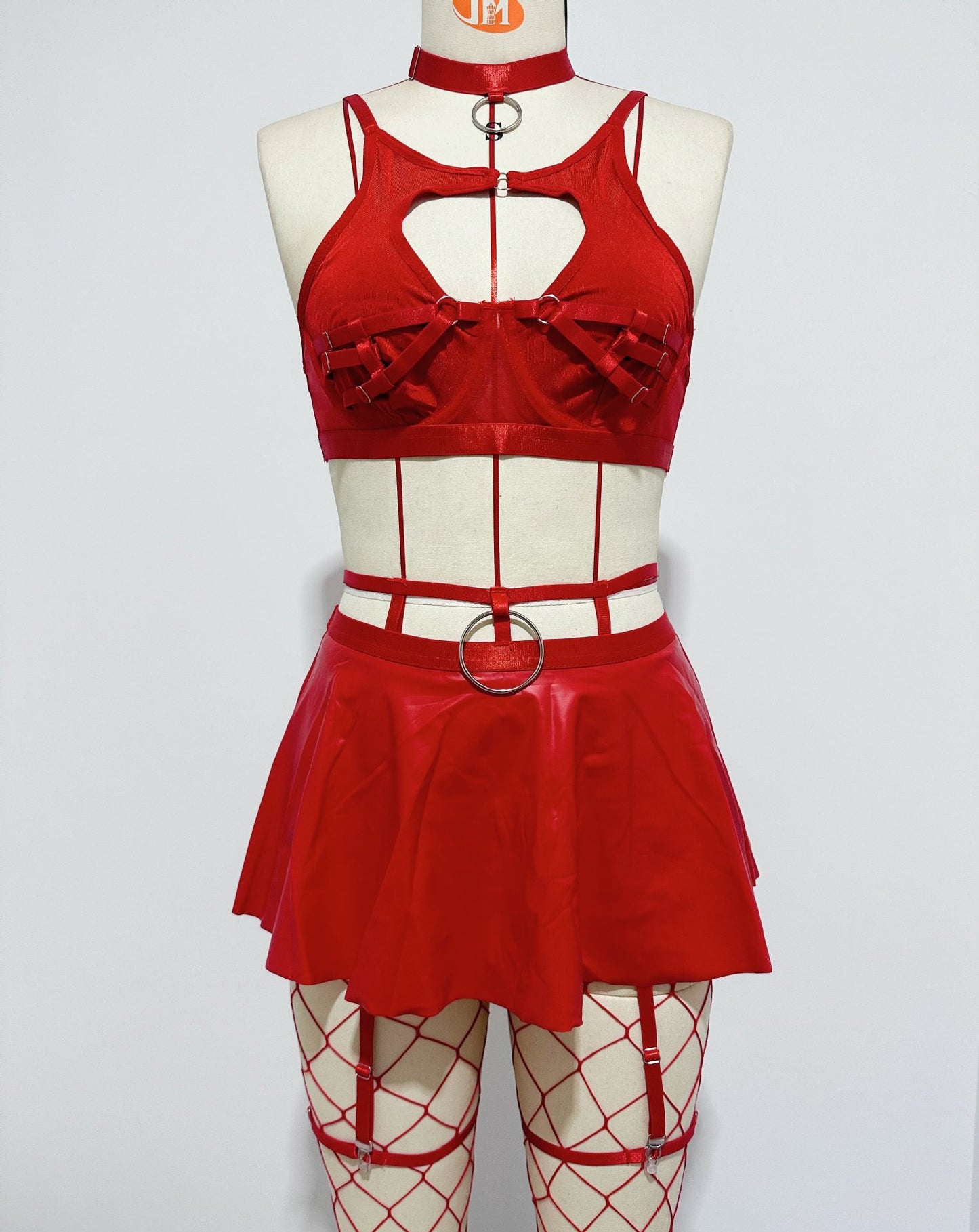 Lace Sexy Lingerie Set Bra Set Solid Color Leather Skirt with Fishnet Stockings Women's