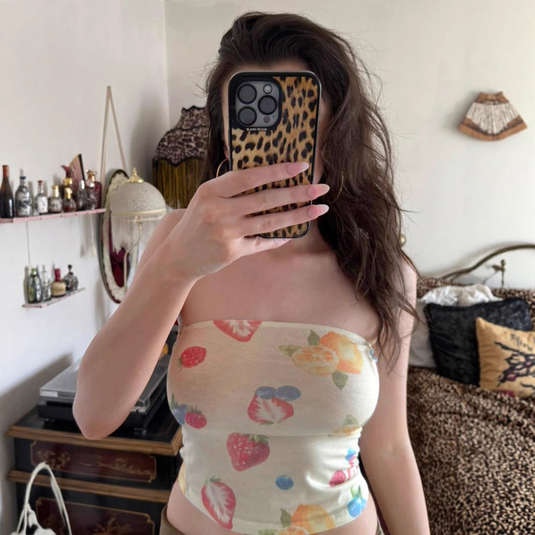 Street Style Vacation Island Shell Print Off-Shoulder Fitted Wrap Crop Top Women's Sexy Tight Versatile Top
