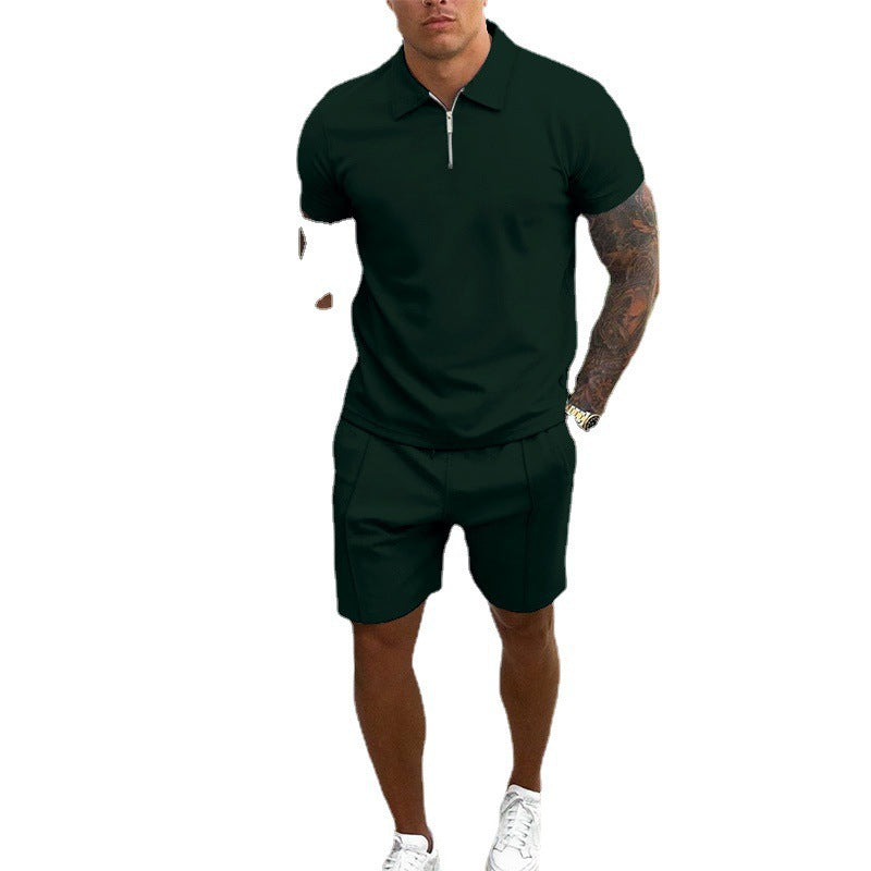 Short sleeved shorts casual suit slim fit men's two-piece set solid color