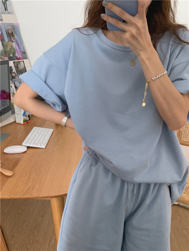 Solid Color Cotton Suit for Women Summer Casual Fashion Two-Piece Set Loose Short Pants Suit