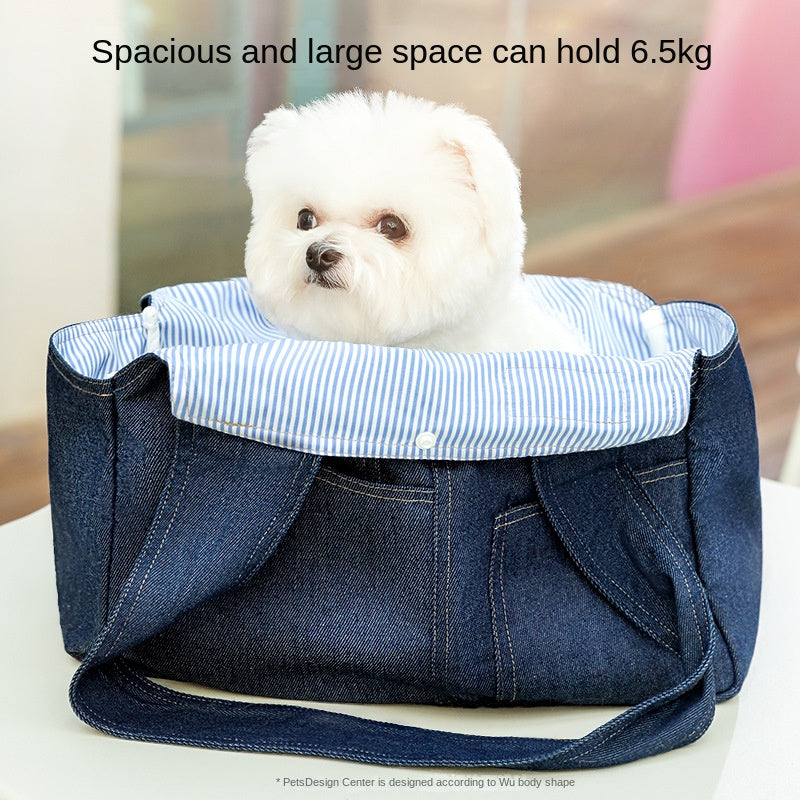 Dog Casual Denim Pocket Style Pet Carrier Backpack, Large Capacity, Crossbody Bag for Cats and Dogs