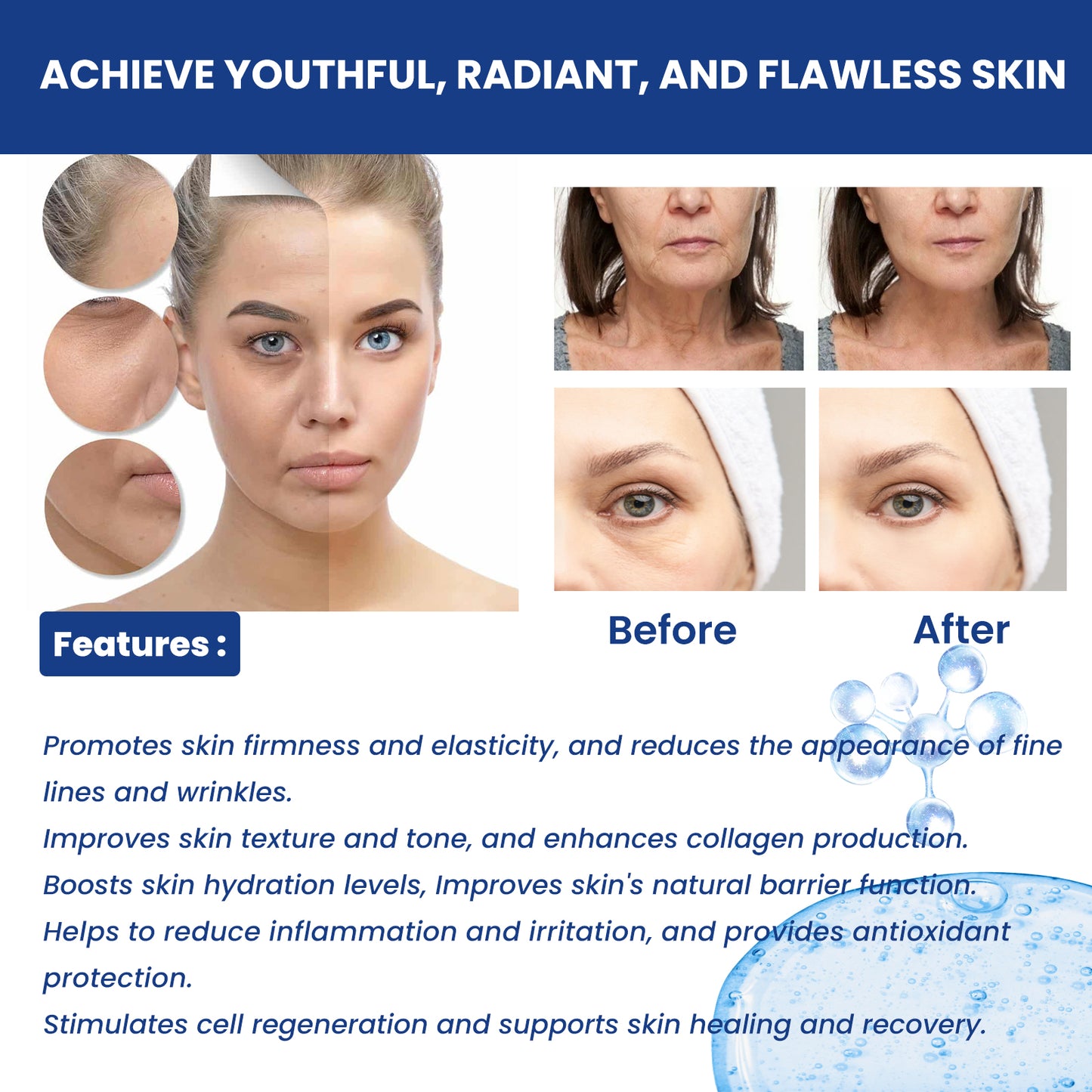 EELHOE Blue Copper Peptide, Collagen Moisturizing And Firming Facial Skin Anti-Aging Moisturizing Essence