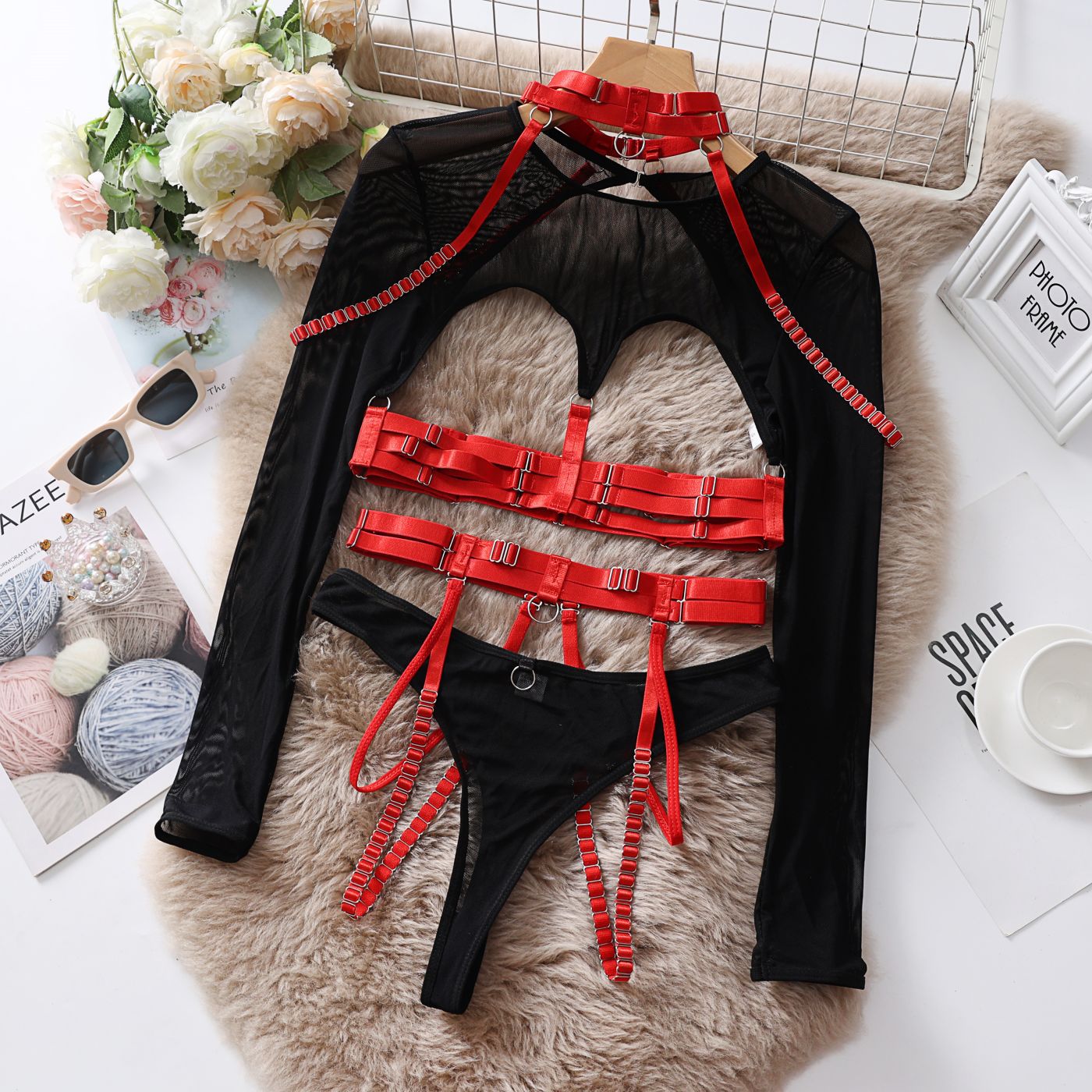 Lingerie Strap Sexy Underwear Splicing Hollow-out Erotic Underwear 5-piece Set Temptation